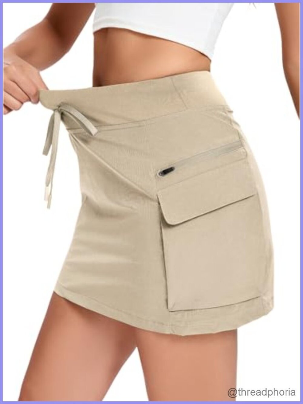Cargo Skirt with Built-in Shorts, 2 Zipper & 2 Velcro Pockets, High Waisted